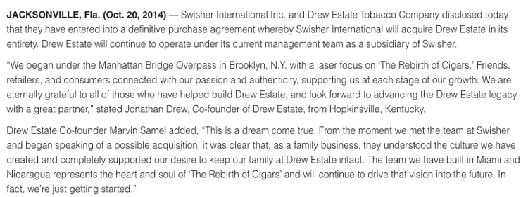 Drew Estate Swisher Sweet Press Release