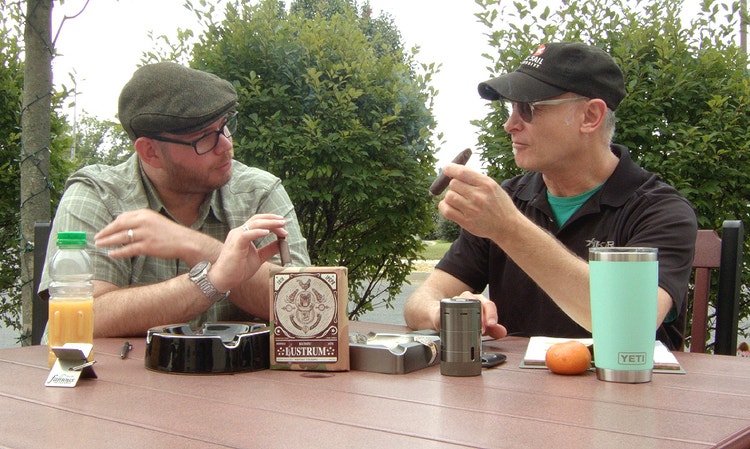 Gary and Jared smoking Southern Draw Kudzu LUSTRUM 5 Year Anniversary Belicoso Fino