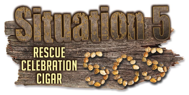 situation 5, rescue celebration cigar with an SOS sign made of rocks for desert island cigars