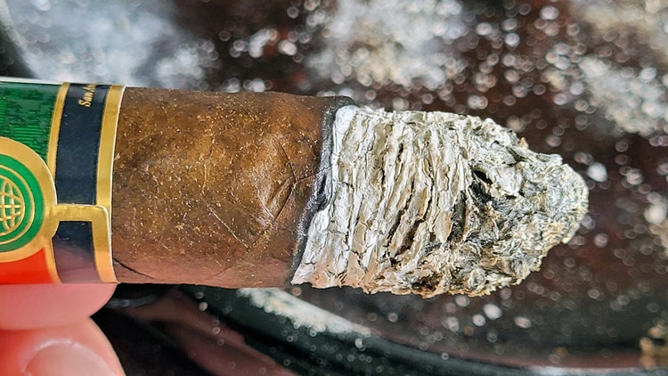 Closeup of the CAO Zocalo robusto cigar ash
