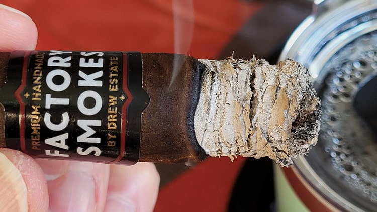 Drew Estate Factory Smokes Maduro robusto cigar ash