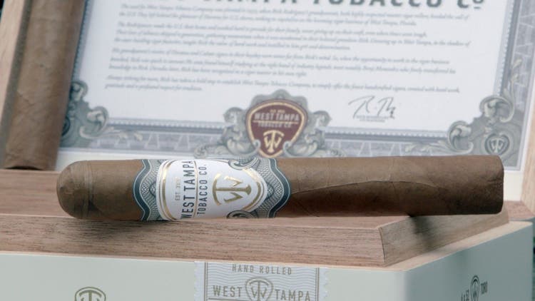 cigar advisor #nowsmoking cigar review west tampa tobacco white - setup shot of cigar displayed on its box