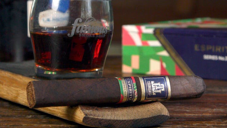 cigar advisor my weekend cigar review trinidad espiritu no. 3 - setup shot of cigar on whisky stave with box and bourbon in the background