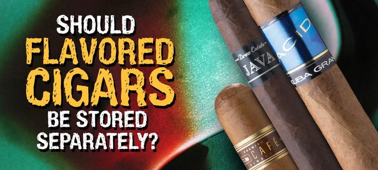 cigar advisor how to properly store infused cigarsv - image with a few infused cigars that says "should flavored cigars be stored separately?"