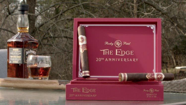 cigar advisor #nowsmoking cigar review, rocky patel edge 20th anniversary - setup shot with cigars displayed on their box with jack daniels whisky in the background